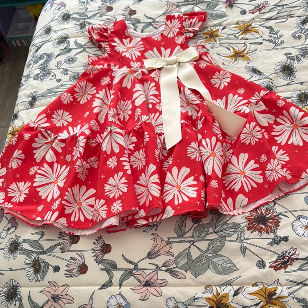 Charming Red and White Floral Kids Dress